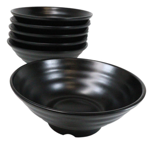 Pack Of 6 Modern Ridged Matte Black Melamine Large Round Ramen Soup Bowls 48oz - Ebros Gift