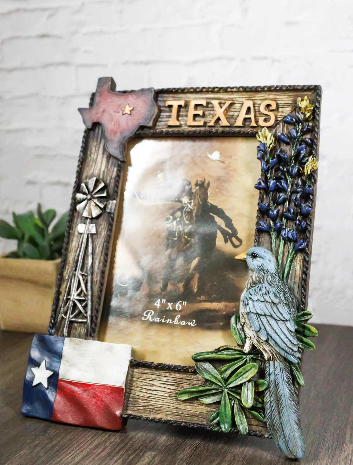 Rustic Western Patriotic Texas Mockingbird Windmill Bluebonnets Picture Frame - Ebros Gift