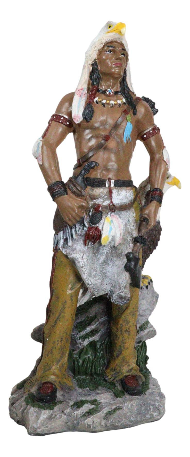 Native Tribal Indian Warrior Hunter Holding Axe With Bald Eagle Figurine