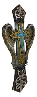 Rustic Tuscany Fleur De Lis Silver Scroll Angel Wings Turquoise Stone Wall Cross
