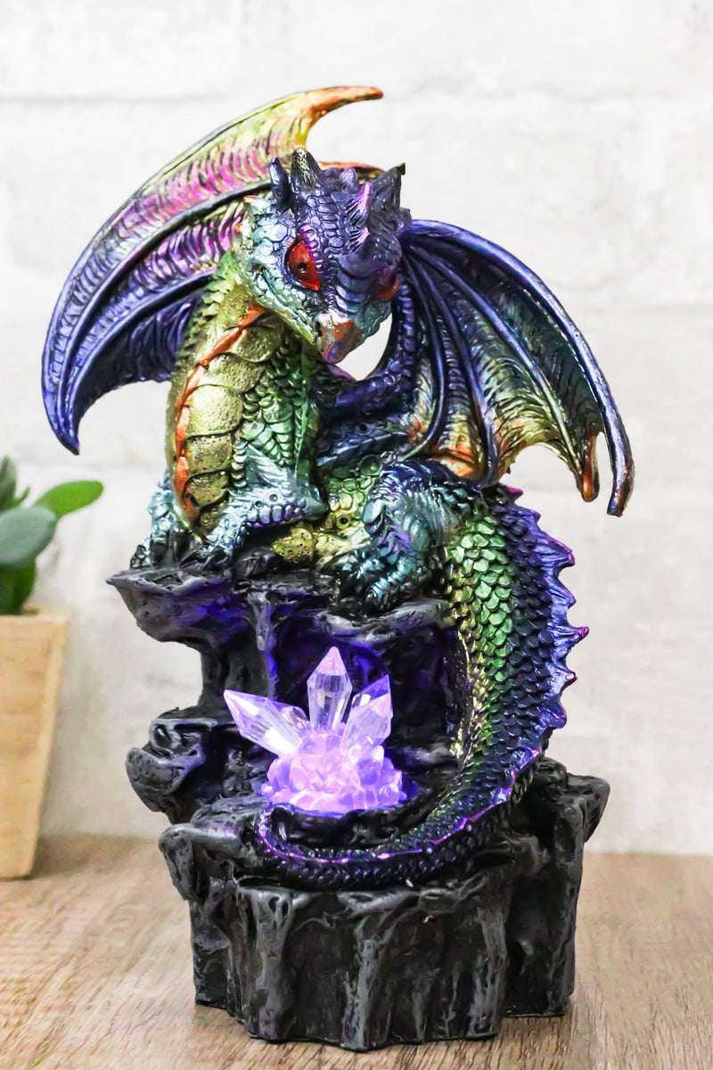 Green Blue Gold Galaxy Baby Dragon On Faux Geode LED Crystals Rock Figurine