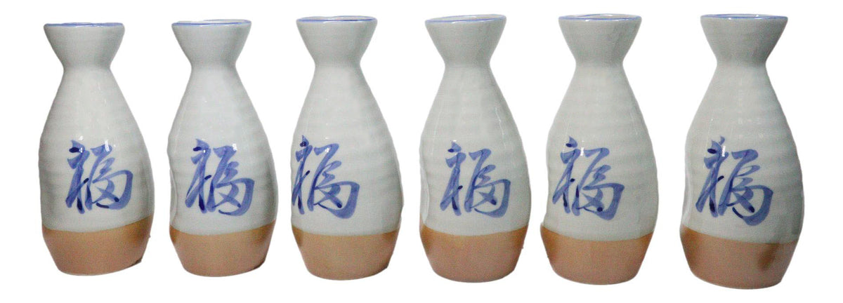 Pack Of 6 White And Caramel Fuku Kanji Japanese Wine Sake Tokkuri Bottle Flask