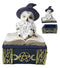 White Snow Owl With Witch Hat Resting On Triple Moon Blue Spell Book Trinket Box