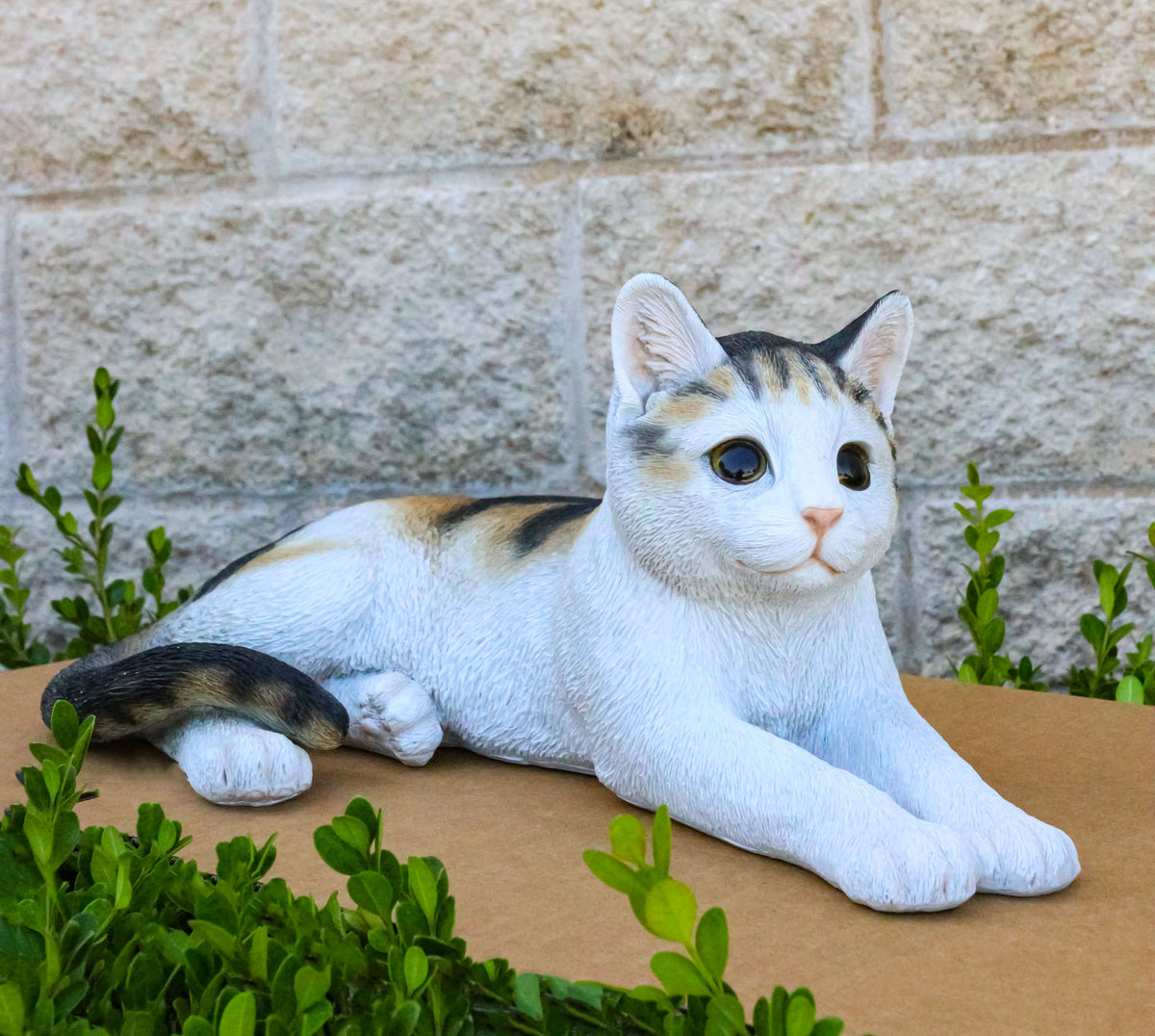 Realistic Adorable Feline Shorthair Calico Cat Kitten Lying Statue14.25"L