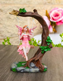 Pink Tribal Fairy On Tree Branch Swing With Pink Wings & Amber Hair Figurine