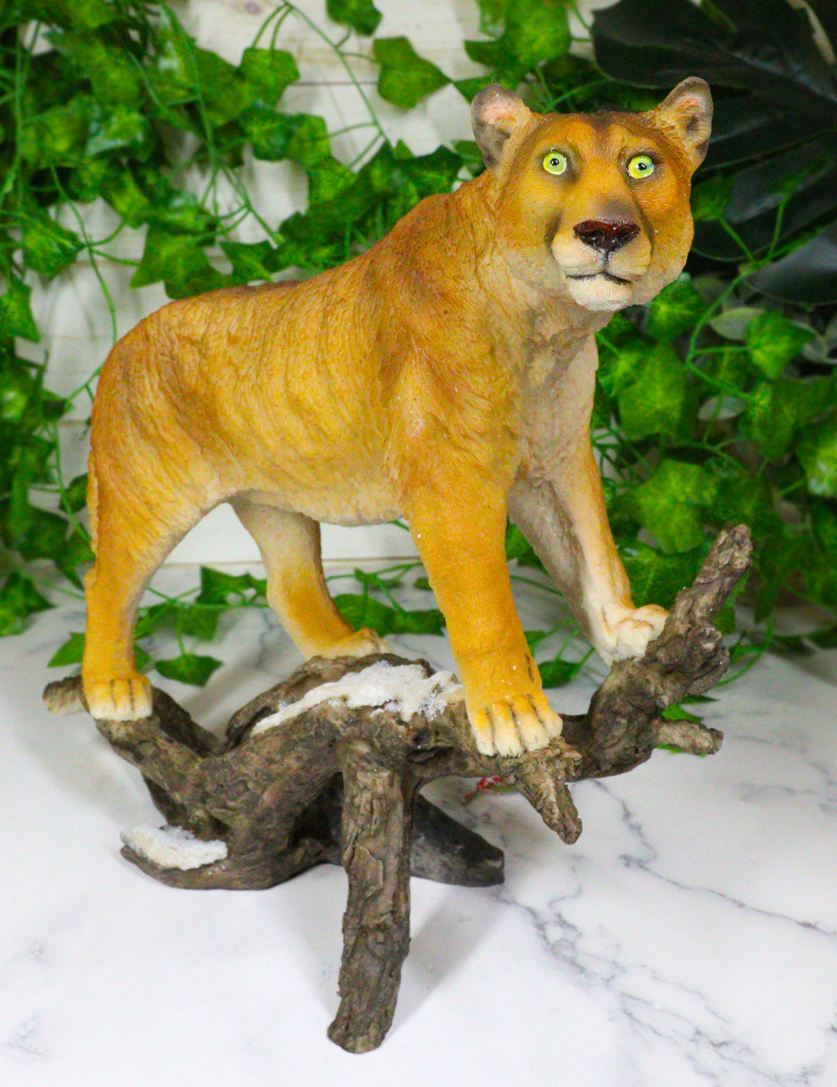 Mountain Lion Cougar Standing On Snow Capped Weathered Log Statue Wildlife Decor