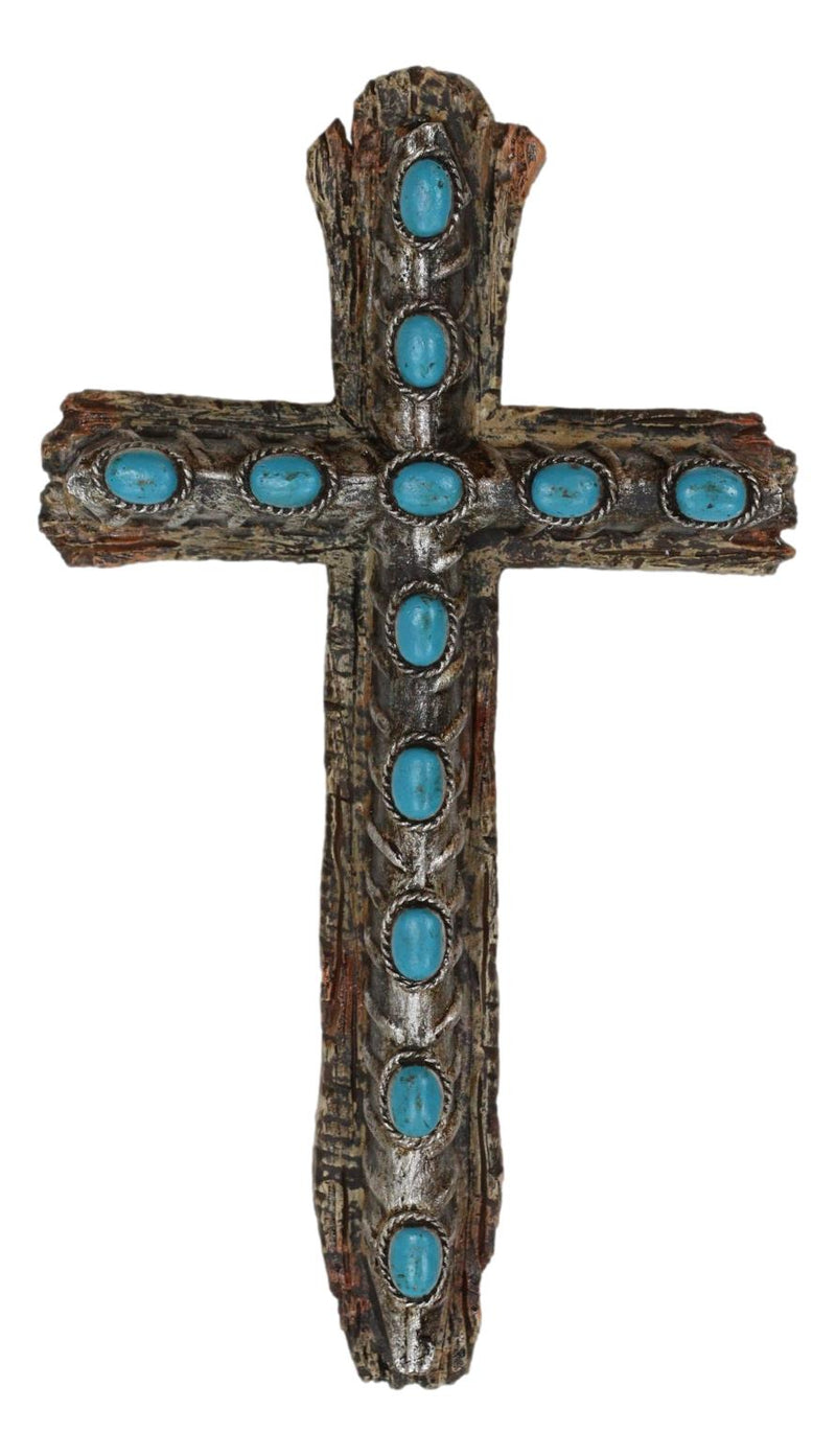 7"Tall Rustic Western Faux Distressed Wood Wall Cross With Turquoise Pebble Gems