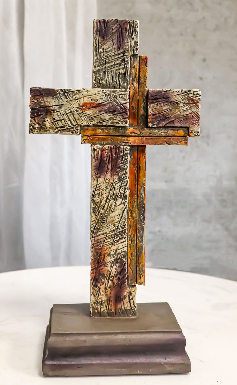 Western Vintage Distressed Layered Wood Grain Pattern Faux Wooden Desktop Cross
