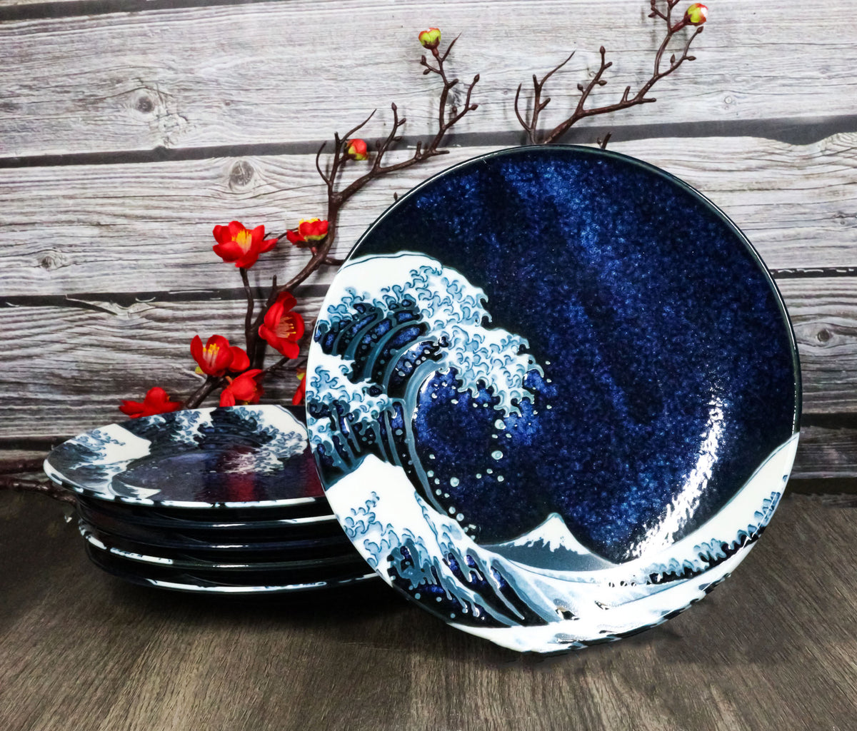 Set Of 6 Blue Japanese Hokusai Great Wave Porcelain Appetizer Salad Small Plates - Ebros Gift