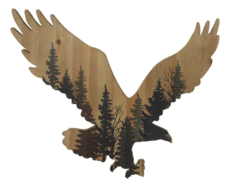 Large 23"L Bald Eagle Swooping With Pine Trees Forest Wooden Wall Decor Plaque