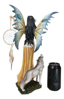 Large Native Indian Fairy Pocahontas Holding Dreamcatcher With Grey Wolf Statue