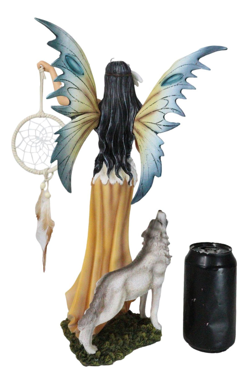 Large Native Indian Fairy Pocahontas Holding Dreamcatcher With Grey Wolf Statue