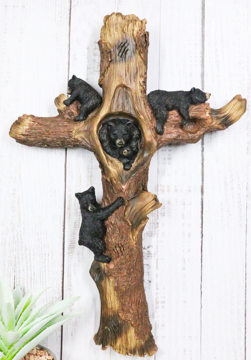 Western Playful Climbing Black Bear Cubs With Mama Bear Faux Tree Log Wall Cross