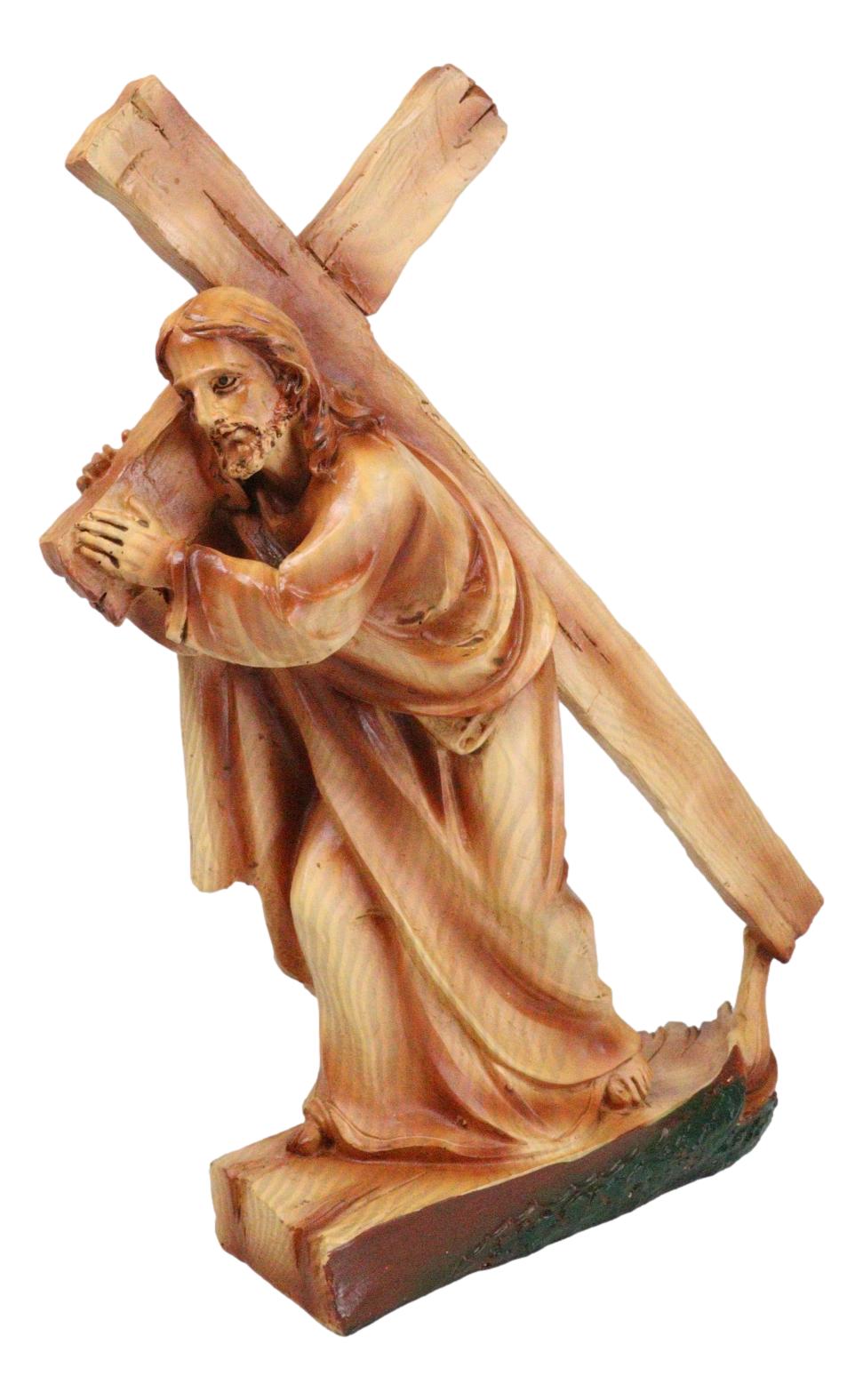 Passion Of Jesus Christ Carrying The Cross In Faux Cedar Wood Finish Figurine