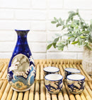 Blue Moon Rabbit With Waves Porcelain Sake Carafe Flask And 4 Ochoko Cups Set