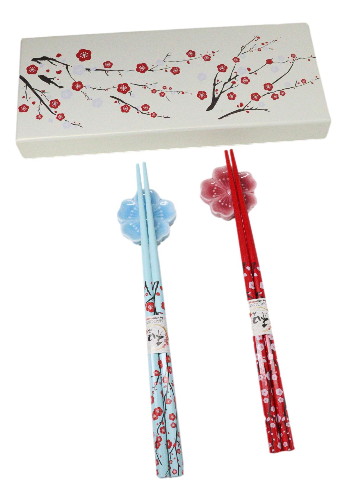 Red Blue Sakura Cerry Blossoms Flowers Set of 2 Chopsticks And Ceramic Rests Set