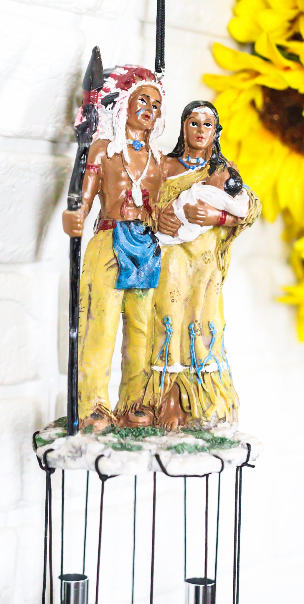 Western Indian Chief With Roach Next To Chieftess And Baby Family Wind Chime