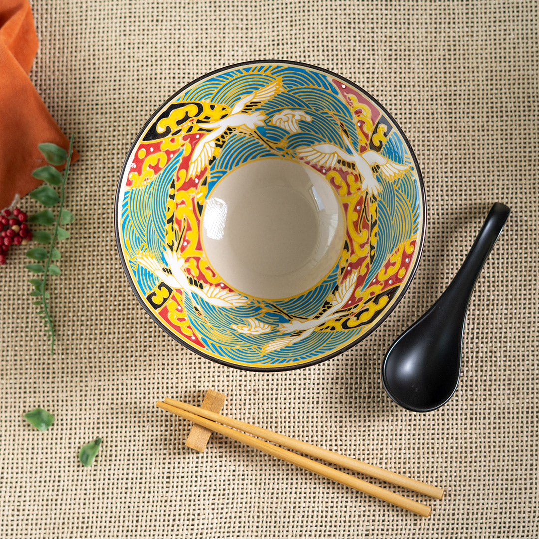 Japanese Crane Ceramic Ramen Rice Bowl With Soup Spoon Chopsticks And Rest Set