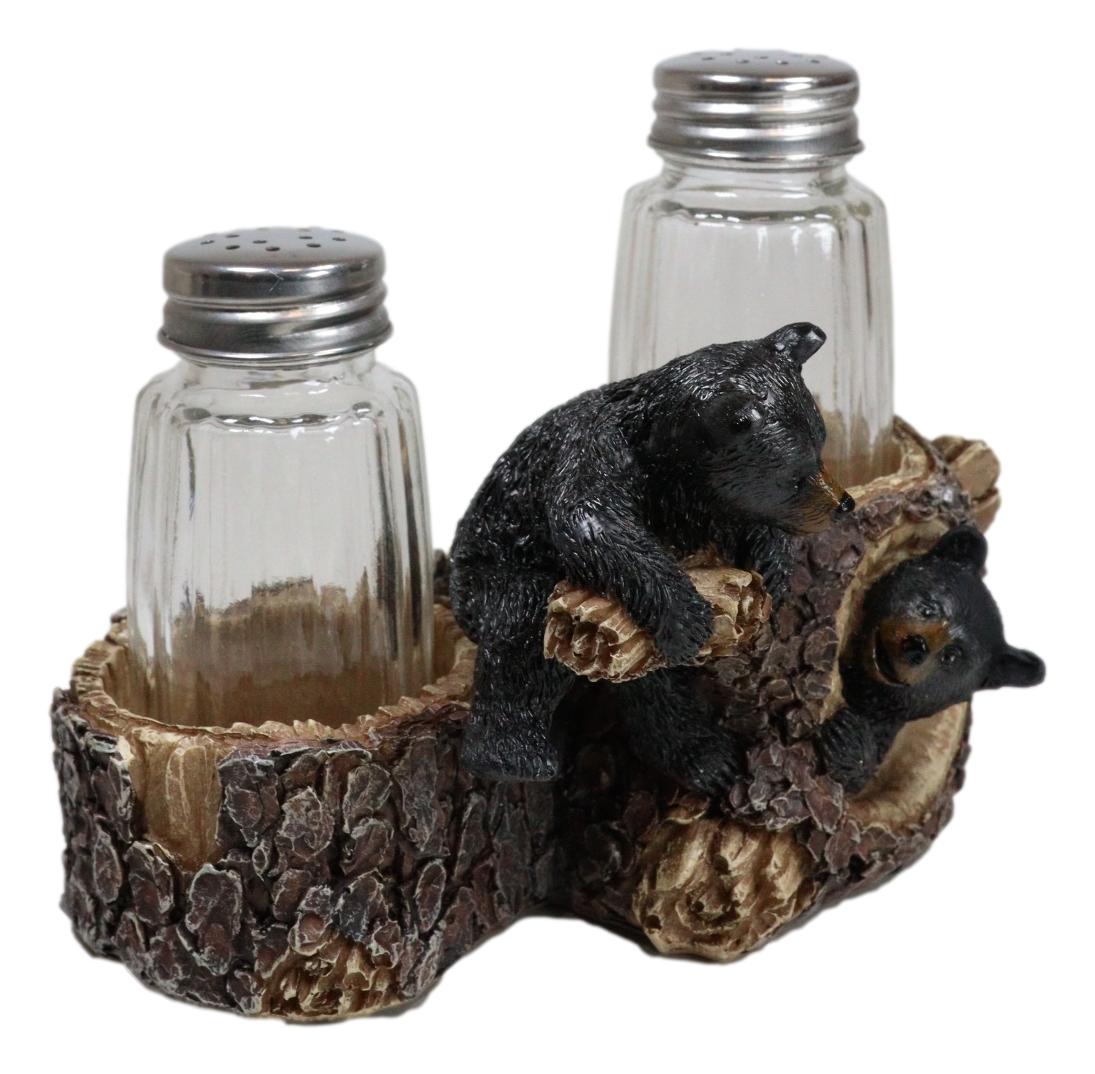 Rustic Forest 2 Black Bear Cubs Playing By Tree Logs Salt Pepper Shakers Holder