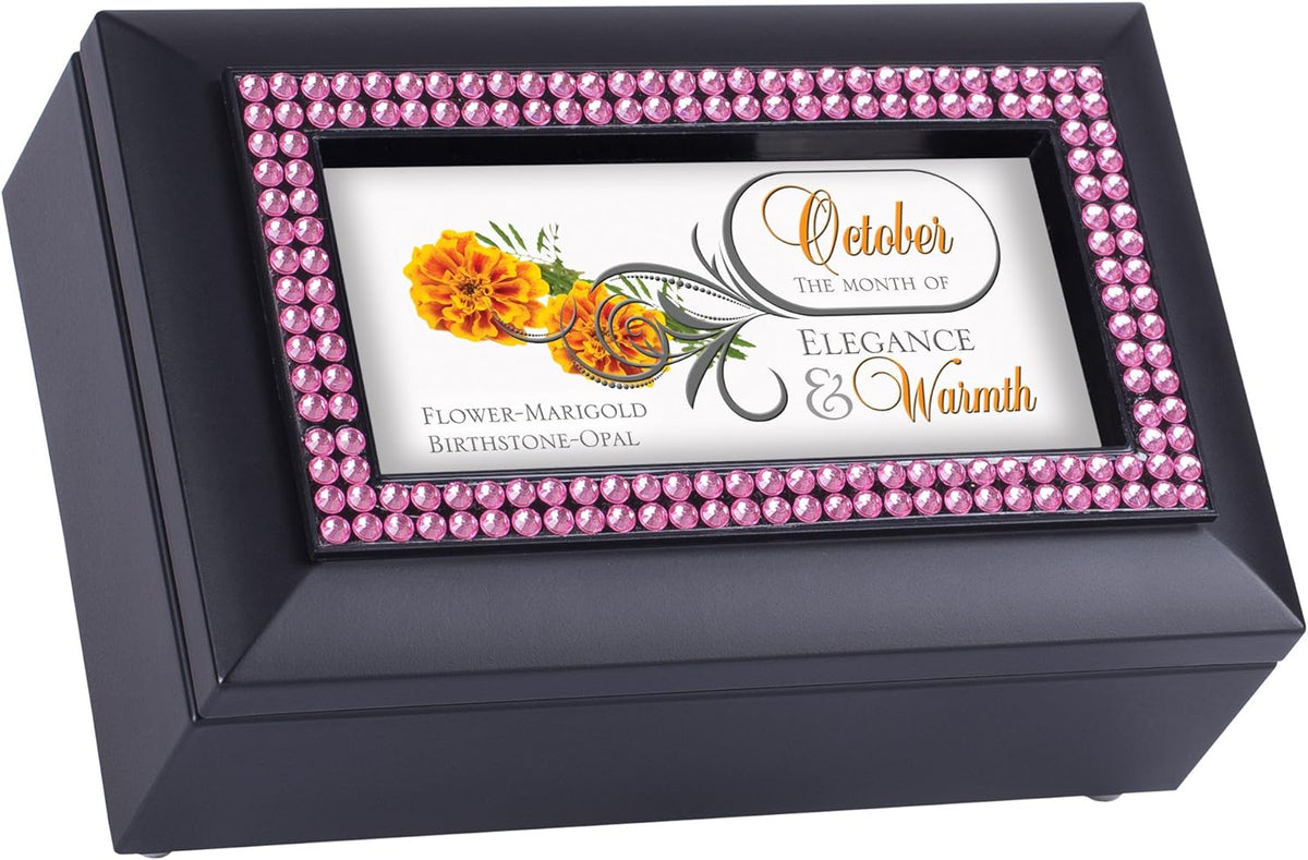 October Month Opal Birthstone Elegance And Warmth Black Musical Trinket Box