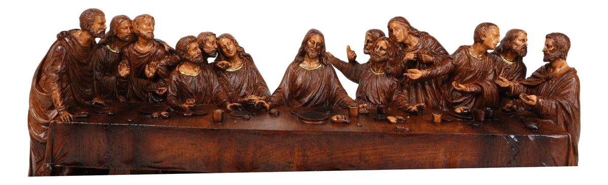 Leonardo Da Vinci The Last Supper Jesus And Disciples Faux Wooden Figurine 14"L - Ebros Gift