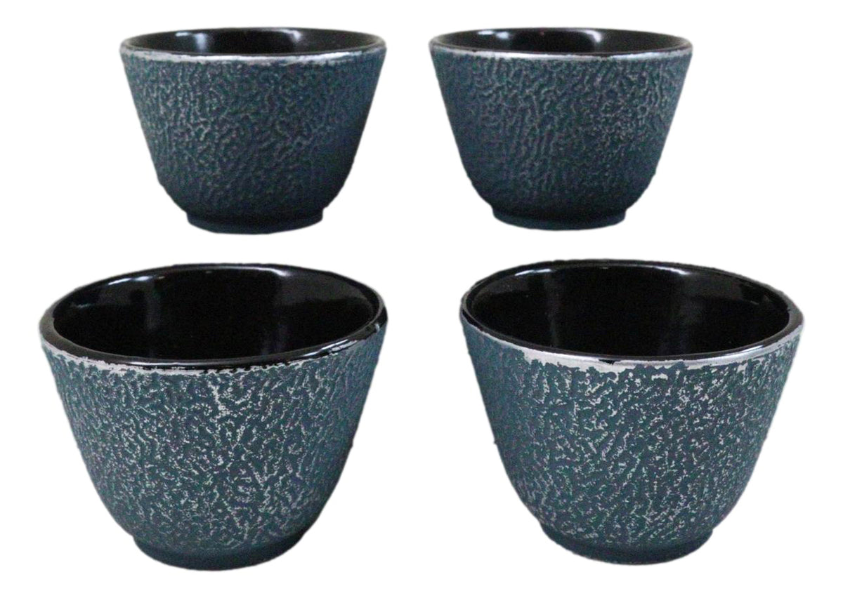 Pack Of 4 Teal Blue With Gold Cast Iron Tetsubin Textured Surface Tea Cups 3oz