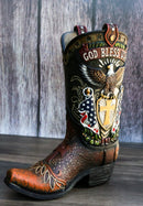 Rustic Western American Flag God Bless USA Eagle Seal Cowboy Boot Vase Planter