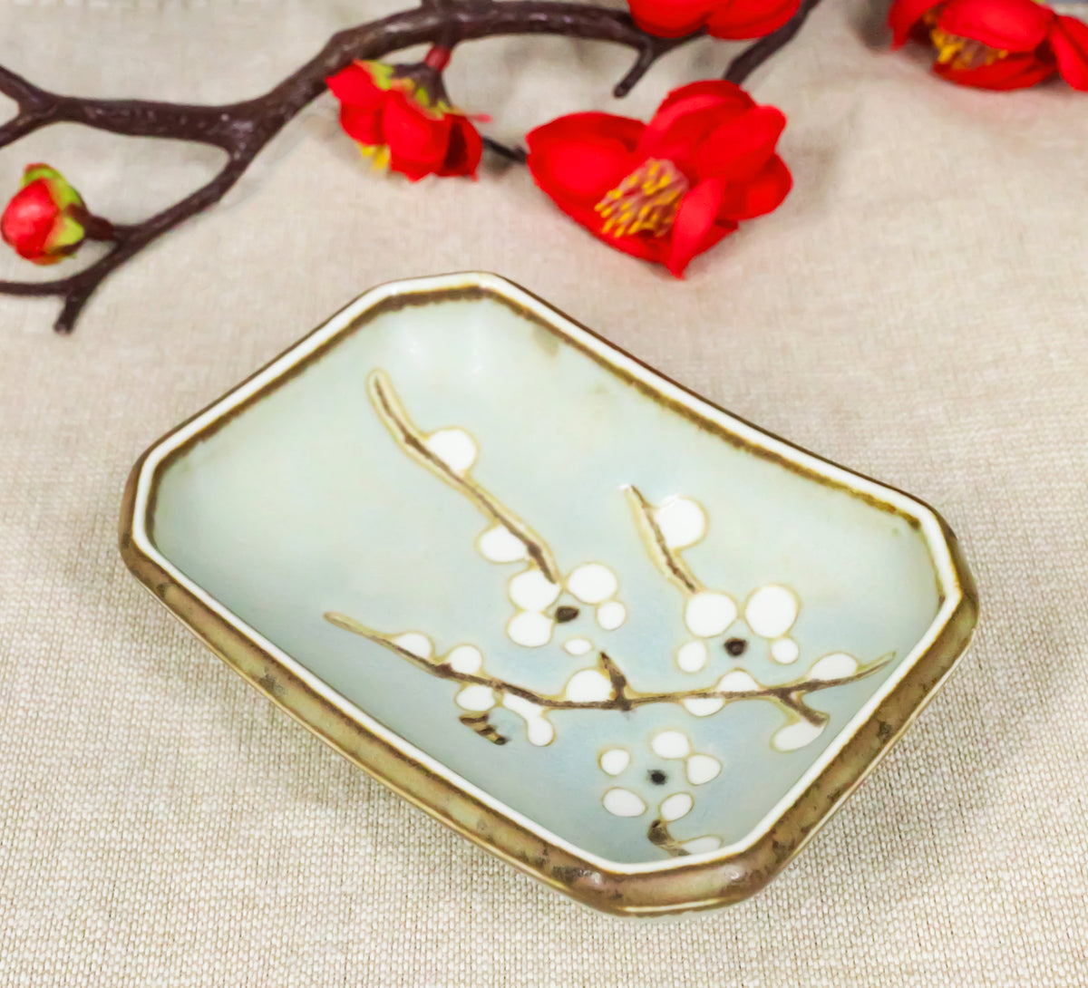 Set Of 6 Japanese Soushun Sakura Porcelain Soy Sauce Rectangular Dipping Bowls - Ebros Gift