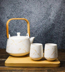 White Marble Vein Porcelain 22oz Teapot And 2 Tea Cups With Bamboo Tray Set