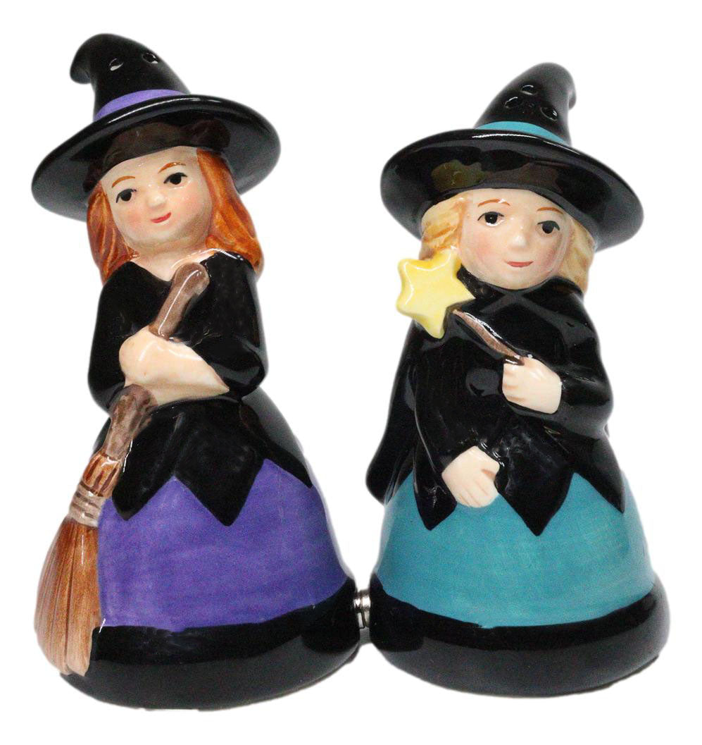 Hocus Pocus Witches With Broomstick Magic Wand Ceramic Salt Pepper Shakers Set