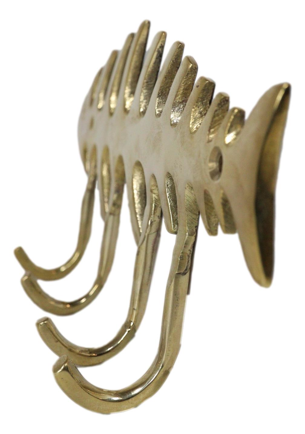 Brass Metal Golden Fishbone Fish Bone Marine Coastal 4 Peg Wall Hooks Plaque - Ebros Gift