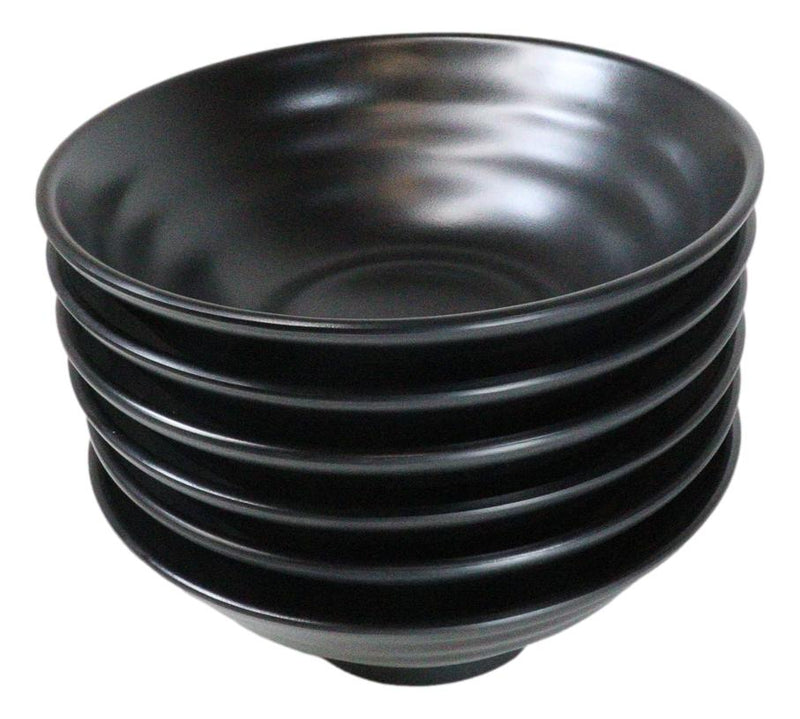 Pack Of 6 Modern Ridged Matte Black Melamine Large Round Ramen Soup Bowls 48oz