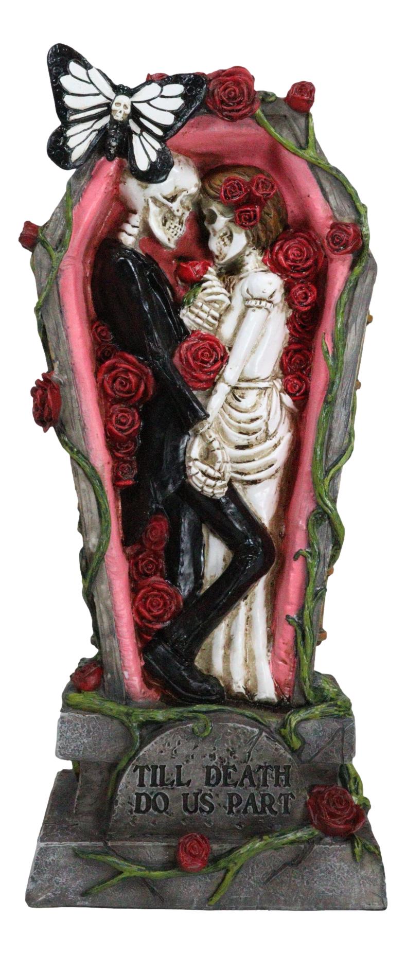 Wedding Bride and Groom Skeletons In Rose Coffin Till Death Do Us Part Figurine