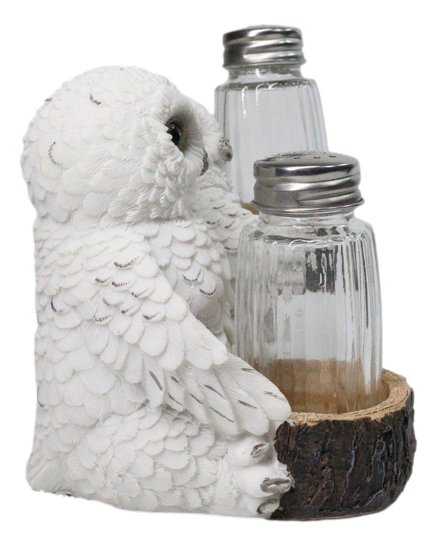 Wildlife Birds White Snowy Owl Couple Salt and Pepper Glass Shakers Holder