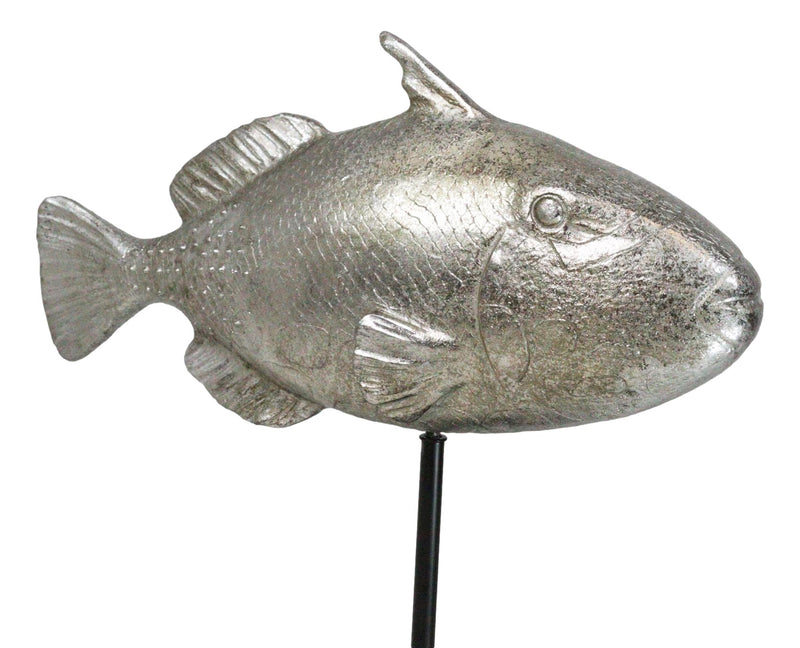 Nautical Marine Silver Tone Clown Triggerfish Fish Sculpture On Metal Pole Stand