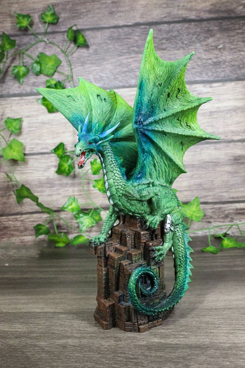 Green Terra Wyvern Monarch Dragon Perching On Medieval Castle Tower Figurine