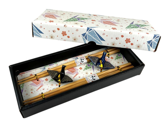 Blue And Black Seigaiha Artful Cranes Set of 2 Chopsticks And Ceramic Rests Set