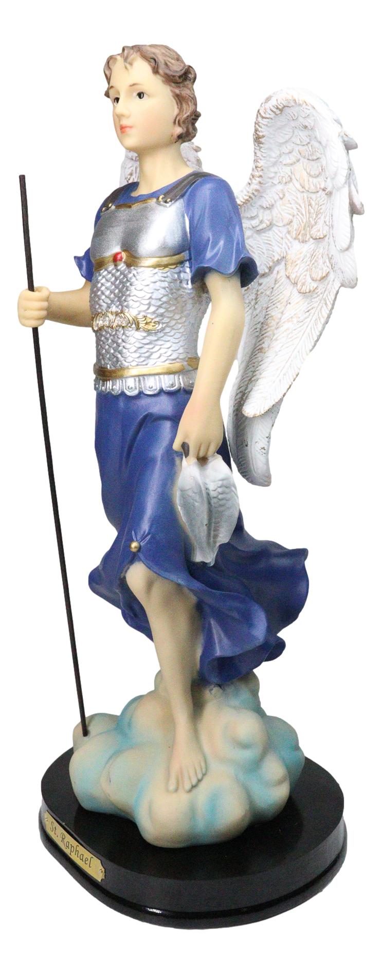 Archangel Saint Raphael Holding Staff And Fish Statue With Name Base 12"H - Ebros Gift