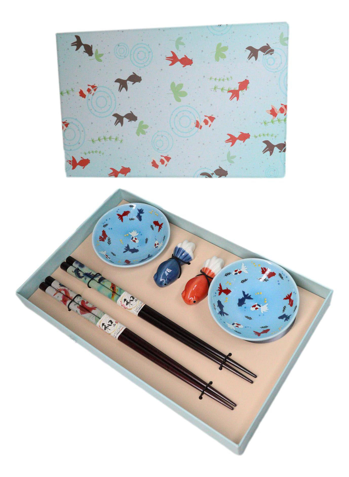 Goldfish Kingyo Pastel Blue Sauce Dishes Chopsticks And Rests Sushi Set For 2