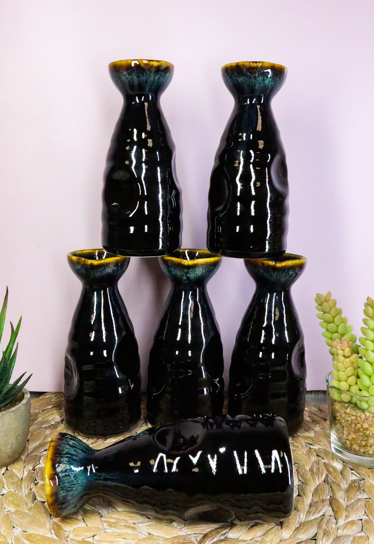 Glazed Ceramic Brown Waterfall Japanese Wine Sake Tokkuri Flask Pack of 6 Flasks