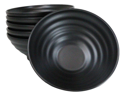 Pack Of 6 Contemporary Ridged Matte Black Melamine Round Ramen Soup Bowls 40oz