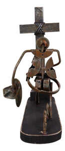 Rustic Western Cowboy With Hat Kneeling By The Cross Hand Made Metal Sculpture