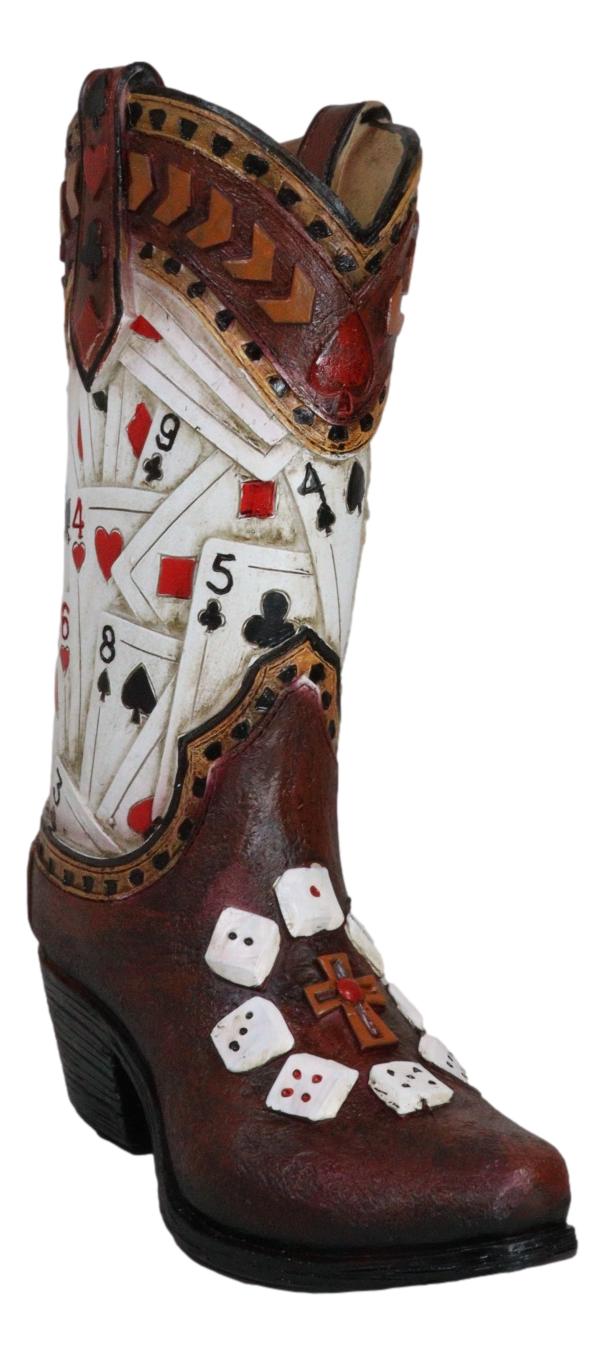 Rustic Western Gambler Casino Poker Cards Dice Cowboy Boot Vase Planter Figurine