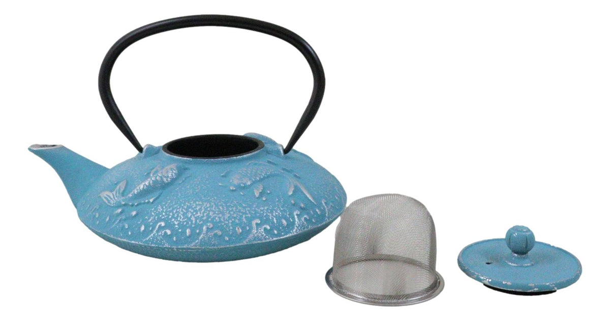 Turquoise Blue Auspicious Koi Fishes Cast Iron Tetsubin Teapot With Enamel Liner