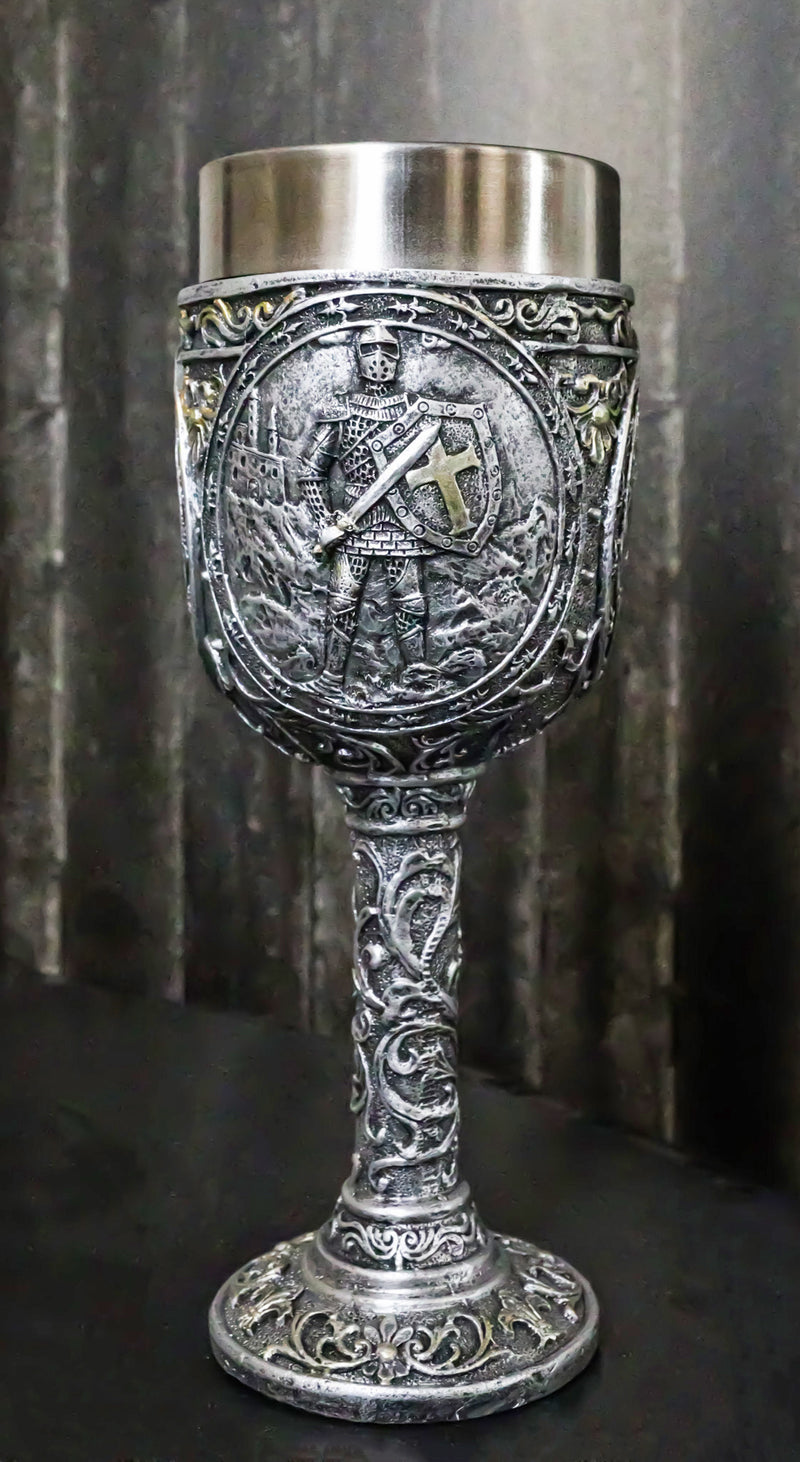 Medieval Templar Crusader Knight Suit of Armor On Guard Wine Goblet Chalice