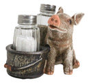 Rustic Barn Porky Pig With Farm Bucket Salt Pepper Shakers Holder Figurine