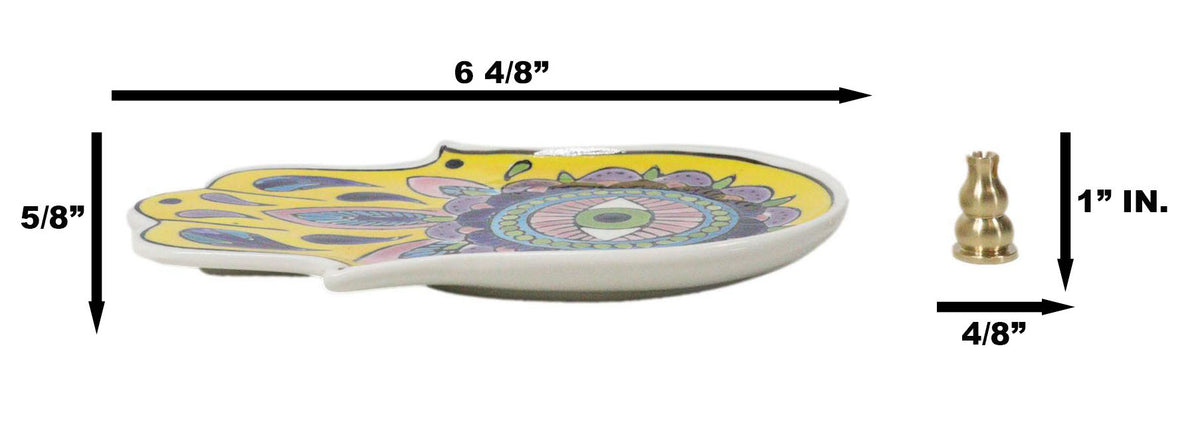 Yellow Chakra Hamsa Palm Mandala and Evil Eye Ceramic Dish Brass Incense Holder