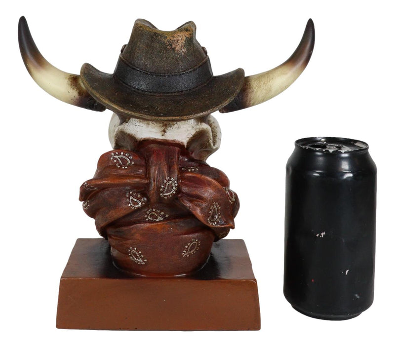 Western Cowboy Horned Cow Skull with Hat and Bandana Scarf Desktop Figurine
