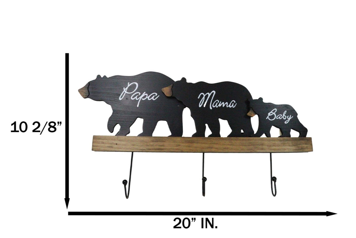 Rustic Forest Black Bear Family Papa Mama Baby Silhouette 3 Pegs Wall Hooks 20"L