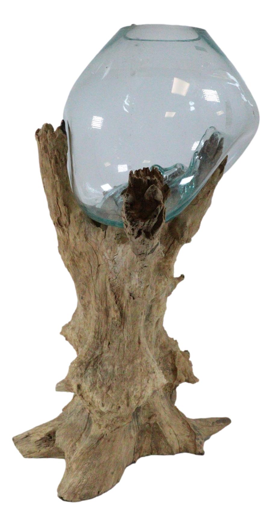 Large 28"H Bali Handicraft Driftwood With Molten Glass Bowl Vase Aquarium Decor